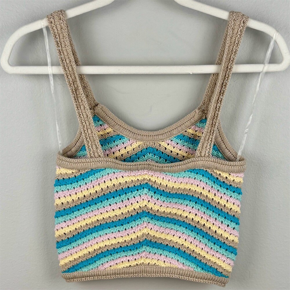 Full Tilt Crop Tank Top Womens Multicolor Striped Knit Boho Festival - Picture 2 of 4